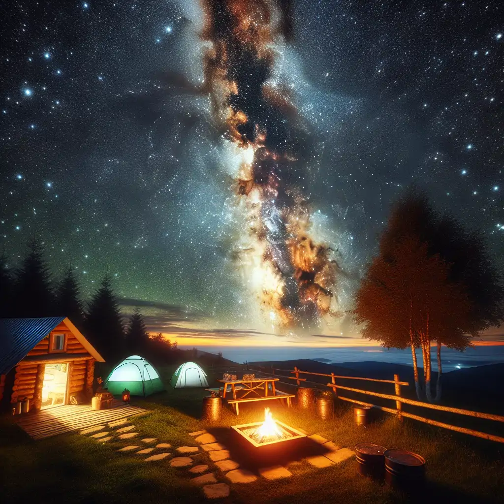 An awe-inspiring view of the Milky Way stretching across a clear dark sky, dotted with countless bright stars, viewed over a camping setup.