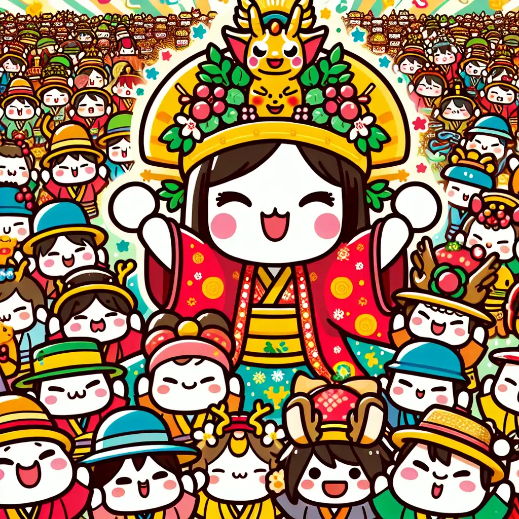 A vibrant scene depicting kami interacting with humans during a festival.