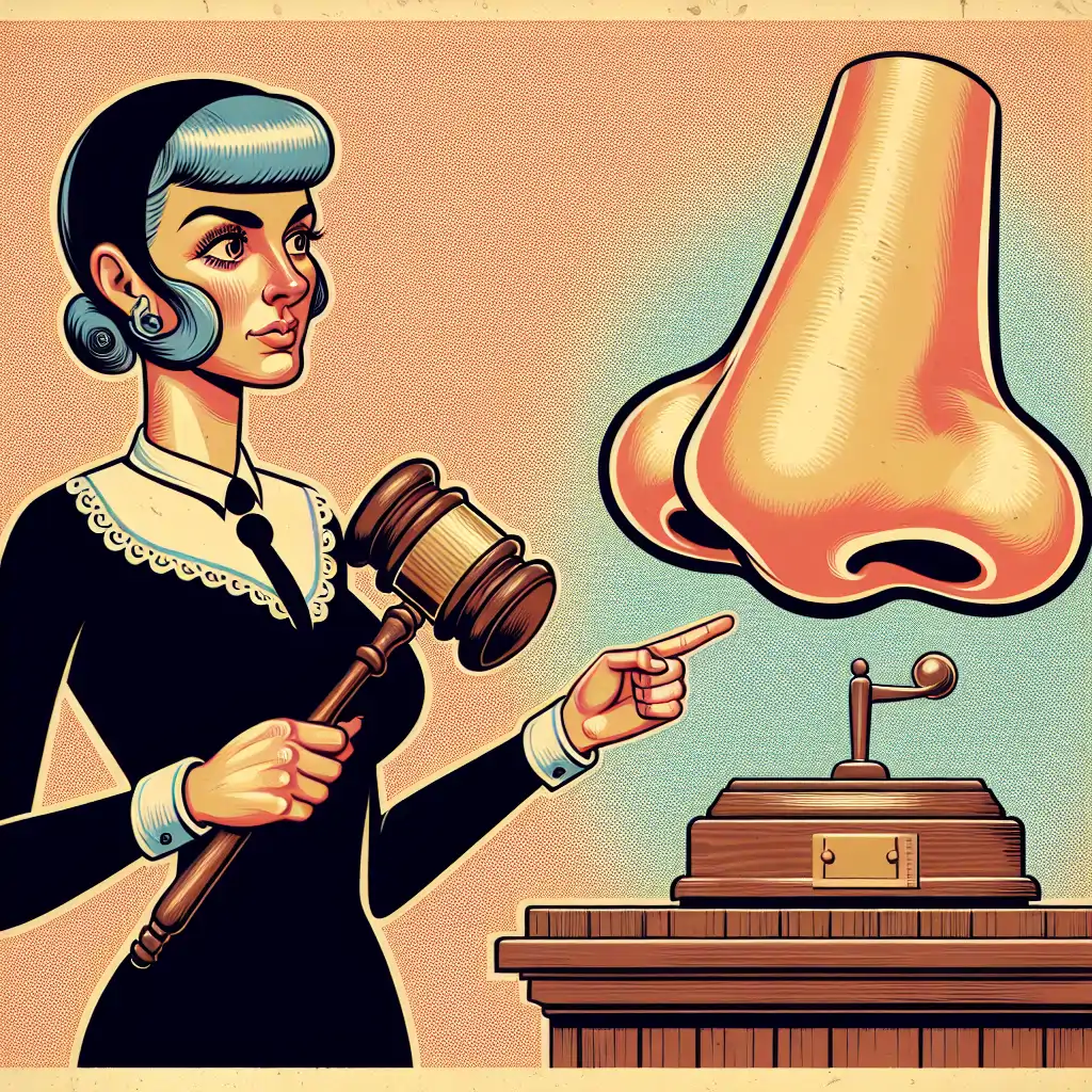 A vintage courtroom sketch depicting a judge holding a gavel while accusingly pointing at a life-sized nose.