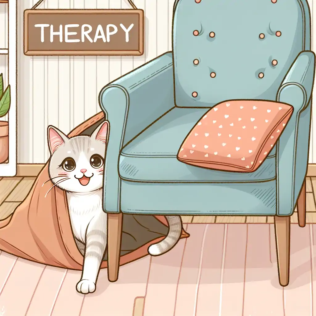 A playful image of a cat peeking from behind a comfy chair in a therapy room.
