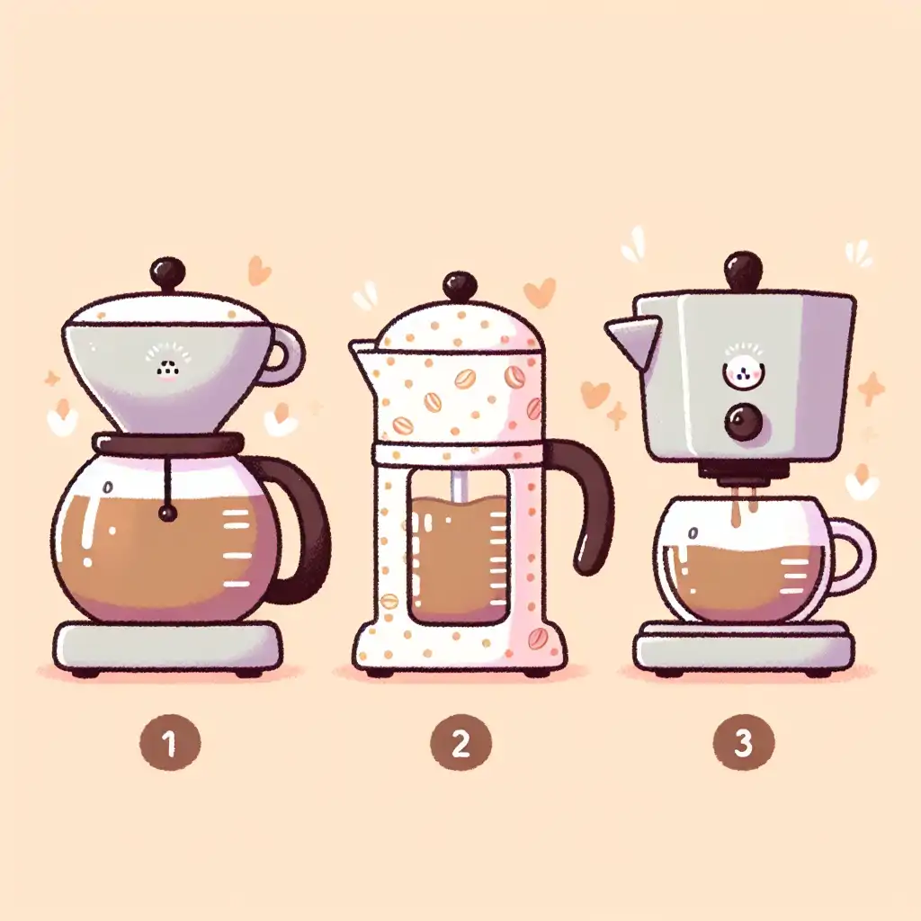Various coffee brewing methods: drip coffee maker, French press, and espresso machine.