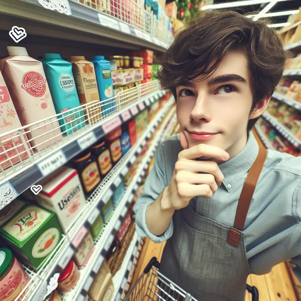 A perspective of someone shopping wisely, strategically picking items from various supermarket shelves.