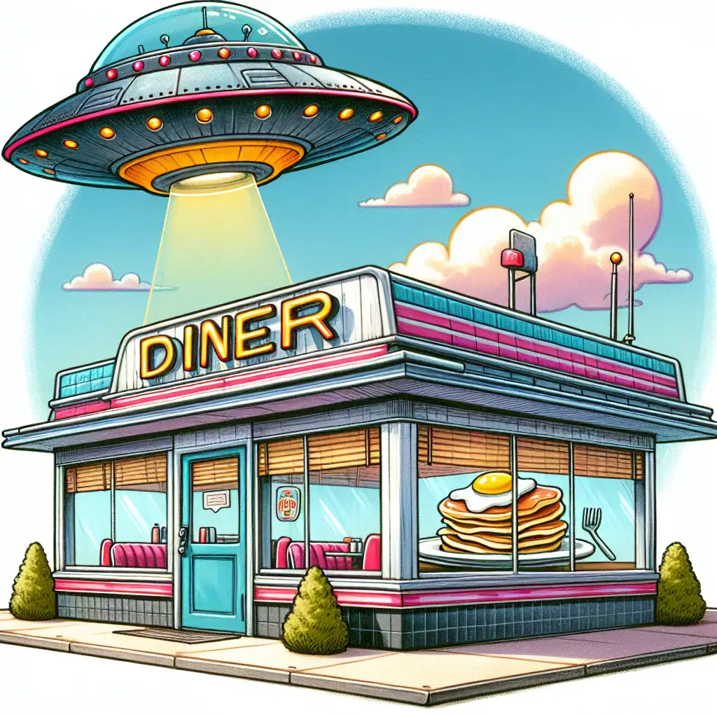 A whimsical illustration of a UFO hovering over a classic diner, with pancakes and eggs visible through the windows.