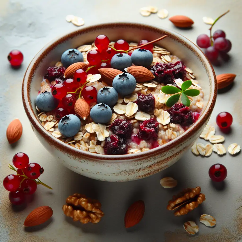 A bowl of Harald's Oat and Lingonberry Delight, adorned with nuts and seeds.