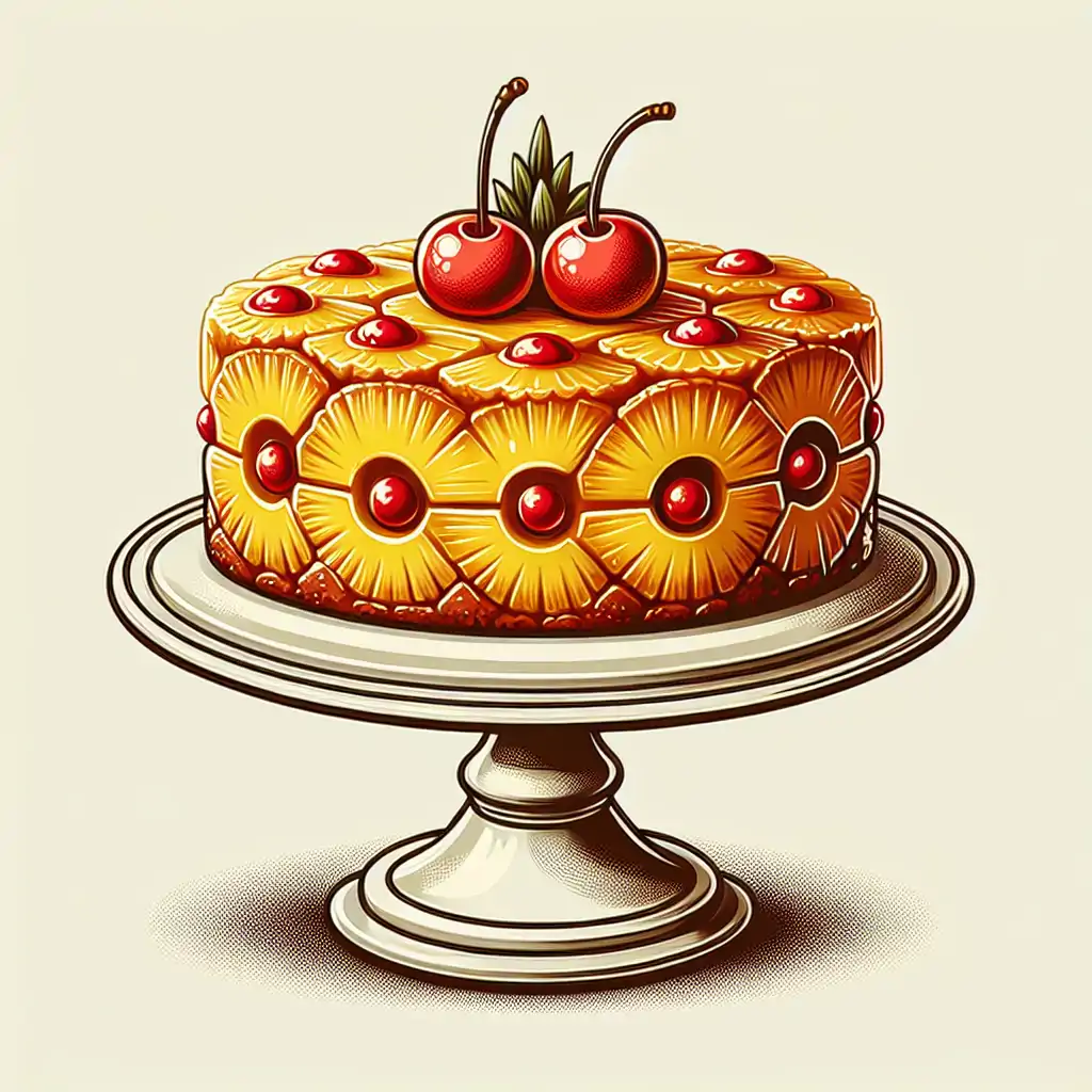 A vintage style image of a classic Pineapple Upside-Down Cake with cherries.