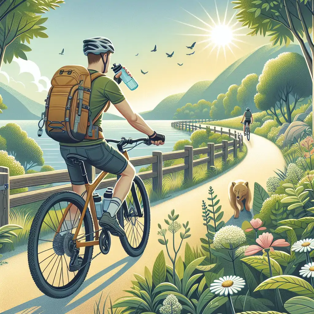 A scenic trail with a cyclist enjoying a hands-free hydration pack under a sunny sky.
