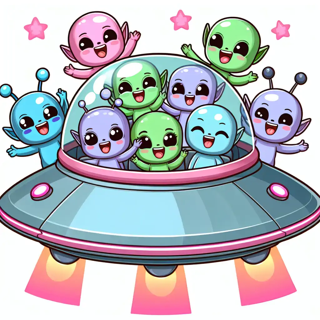 A cartoon illustration of happy aliens carpooling in a UFO.