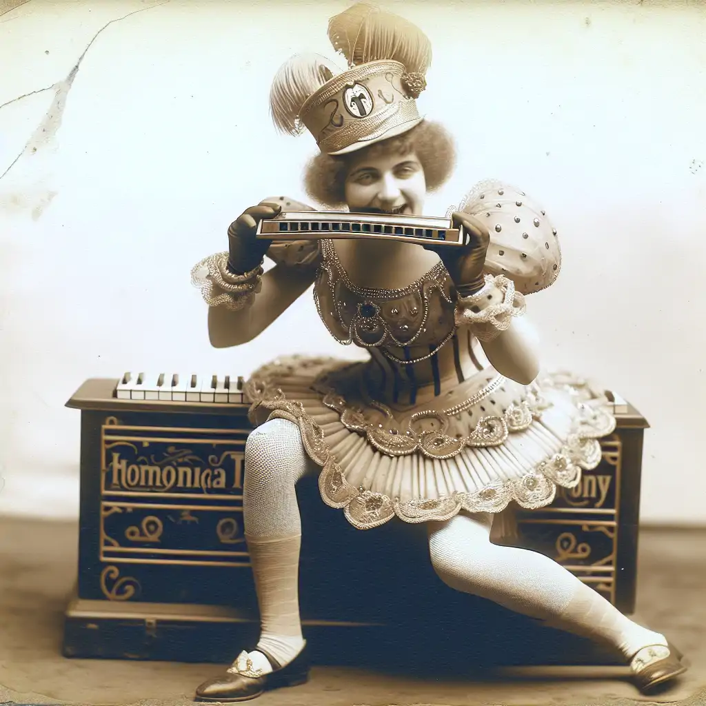 A vintage photograph of Hattie, mid-performance, with her harmonica and distinctive costume.