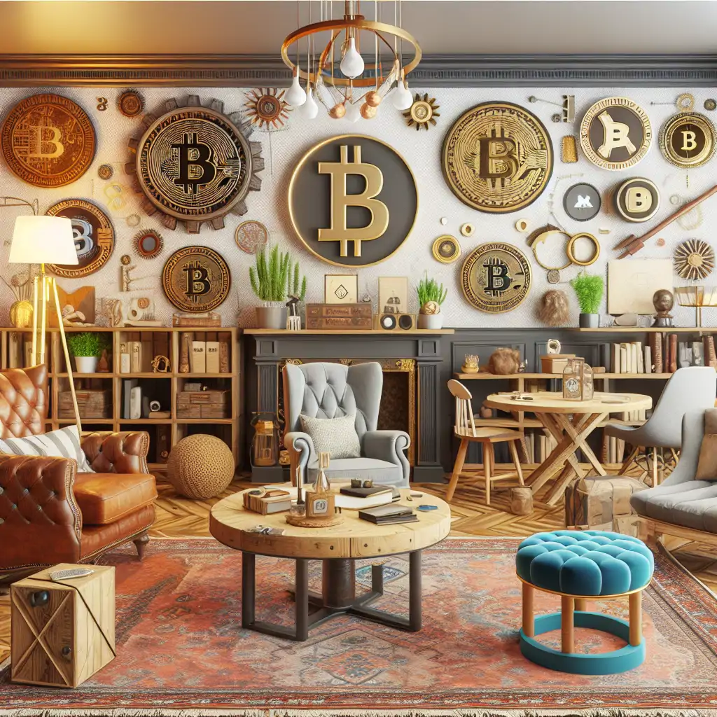 A room fully furnished with eclectic crypto-themed furniture and decor