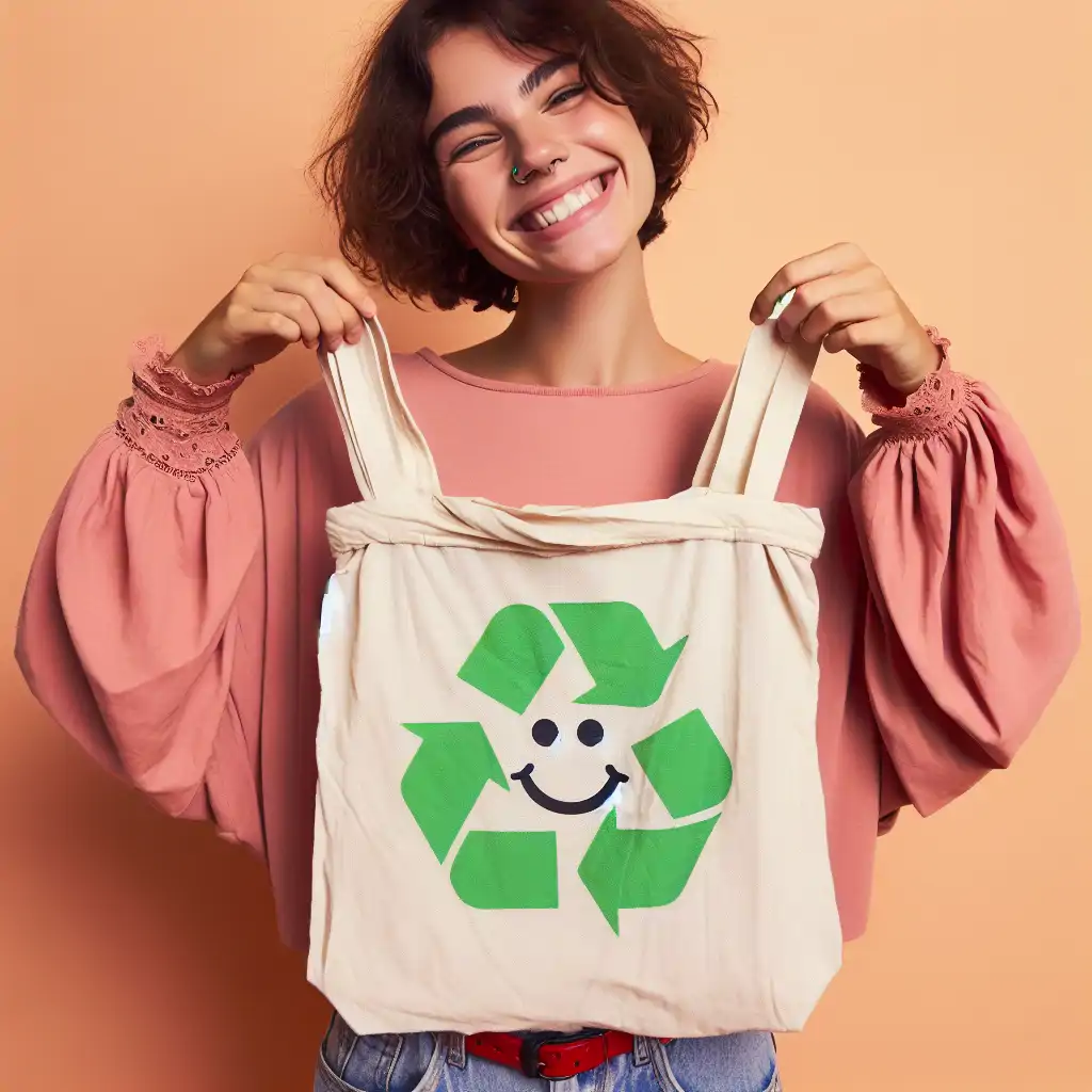A joyful person holding a tote bag made out of an old t-shirt, symbolizing joy and sustainability.