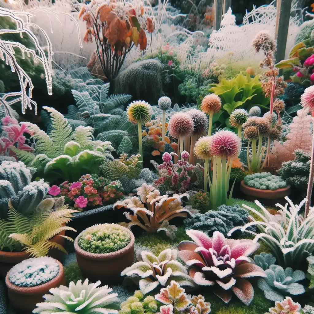 An array of diverse cool-climate plants flourishing in a chilly garden.