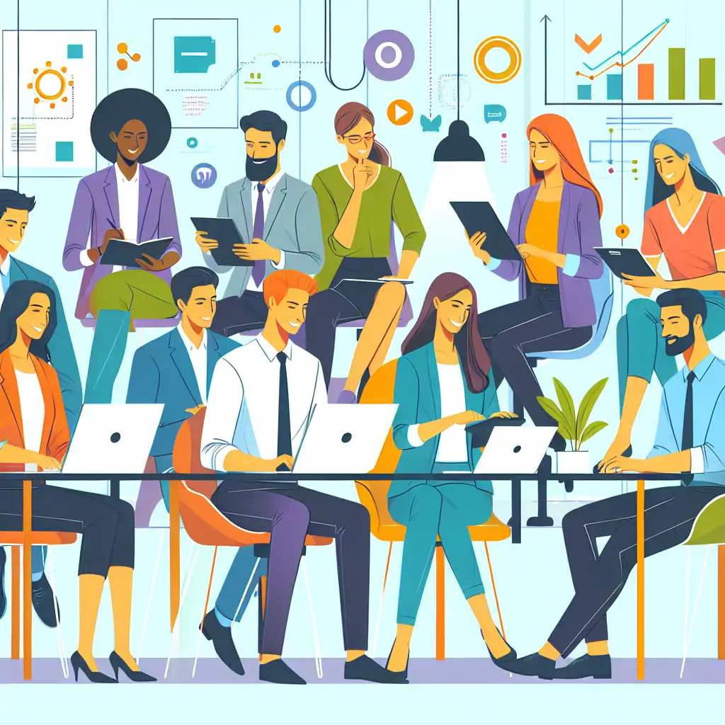 A diverse team of professionals in a vibrant and modern office setting, engaged in collaborative work.