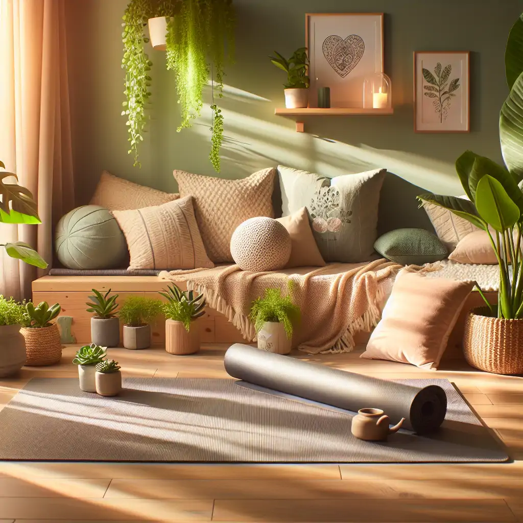 A cozy home yoga setup with a mat, plants, and soft lighting.