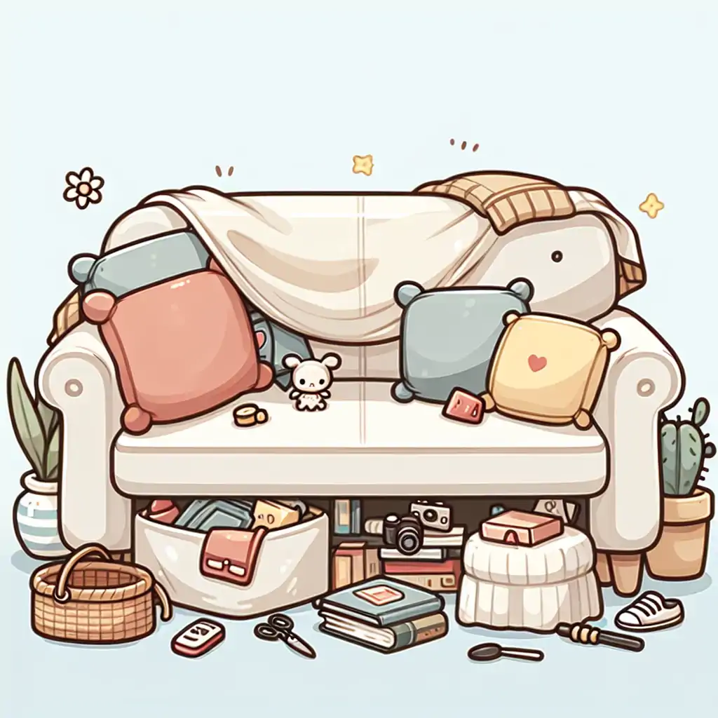 A cluttered living room with a couch and various items strewn about, hinting at hidden treasures beneath the cushions.