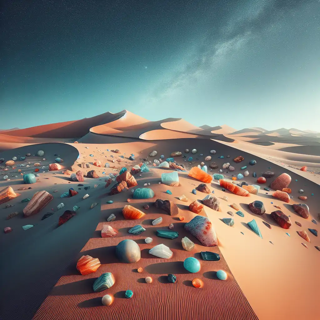 A panoramic view of Namibian desert dunes with a sprinkle of gemstones shining under the sunlight.