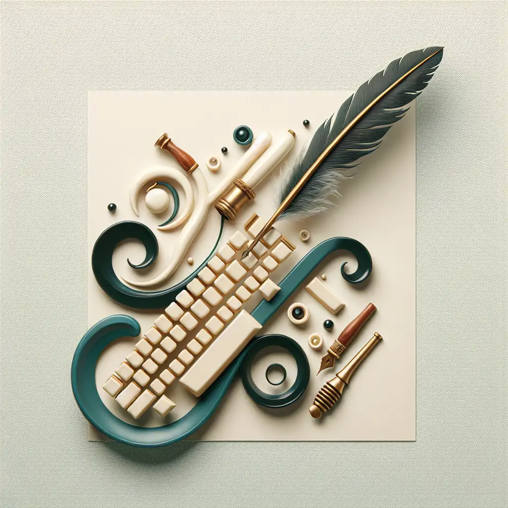 An abstract composition blending a historical quill and a modern keyboard.