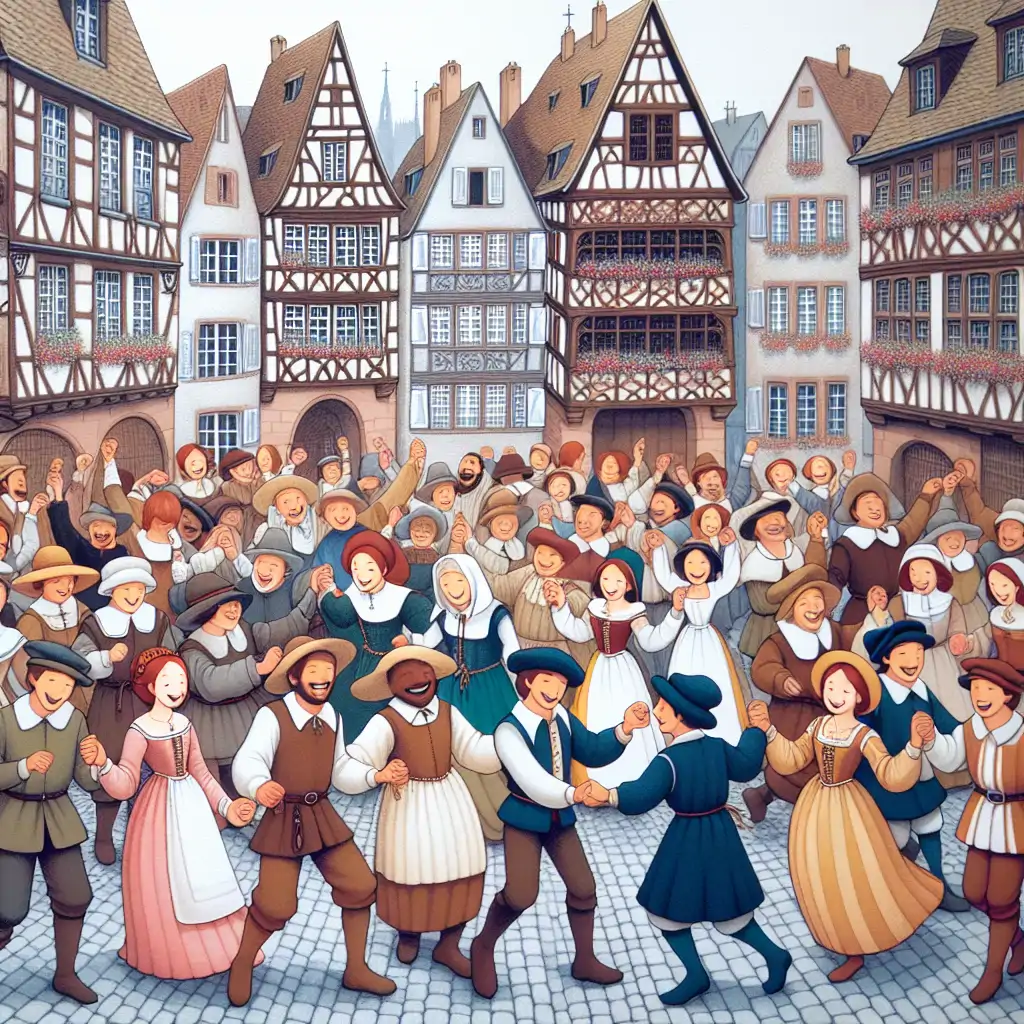 A painting of medieval people dancing in the streets of Strasbourg.