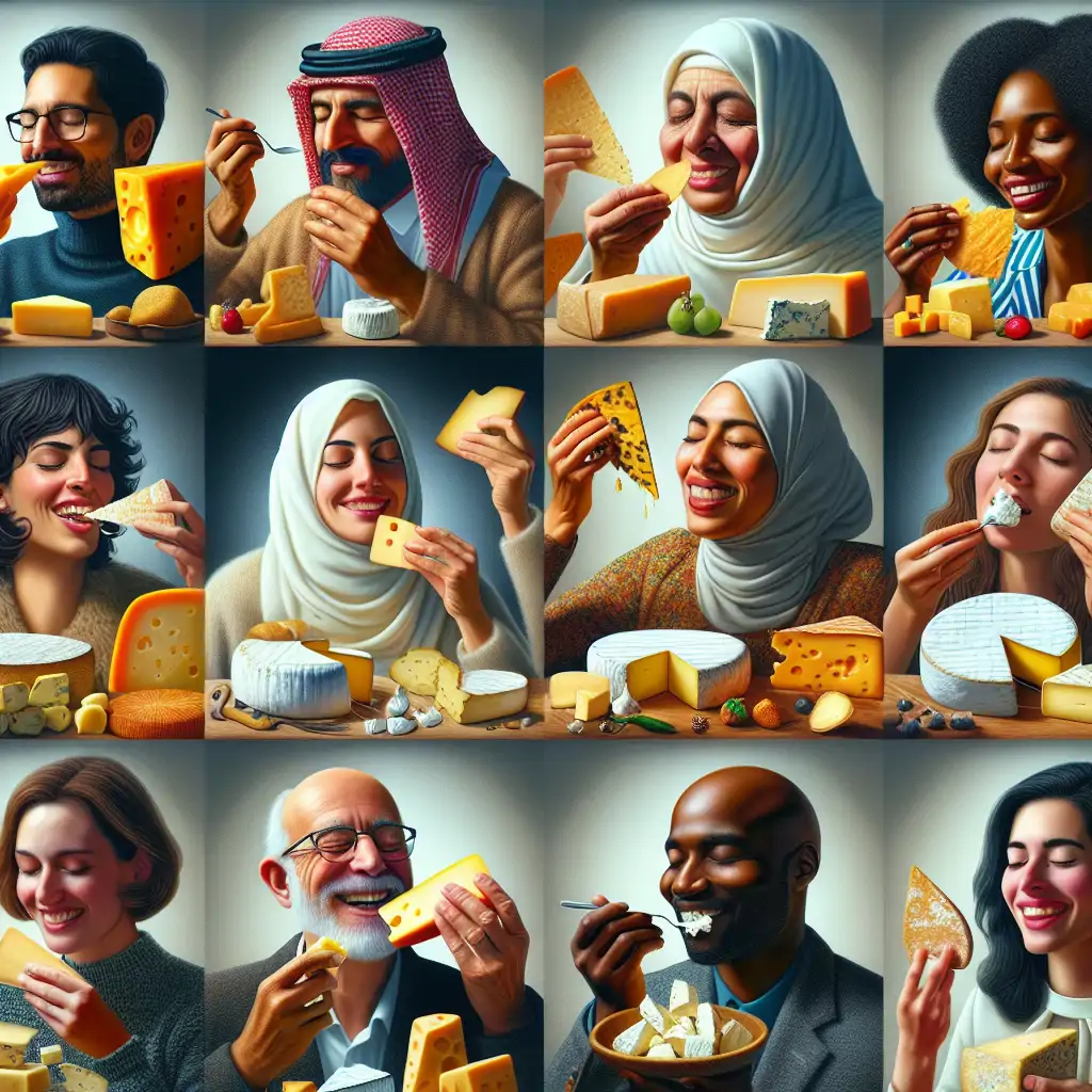 A montage of happy cheese lovers from different countries, each enjoying their favorite cheeses. The collage showcases the universal love and joy that cheese brings to people around the world.