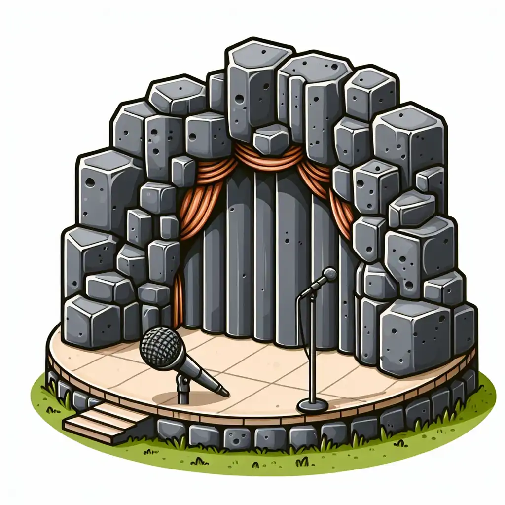 A humorous depiction of a basalt formation resembling a comedy stage.