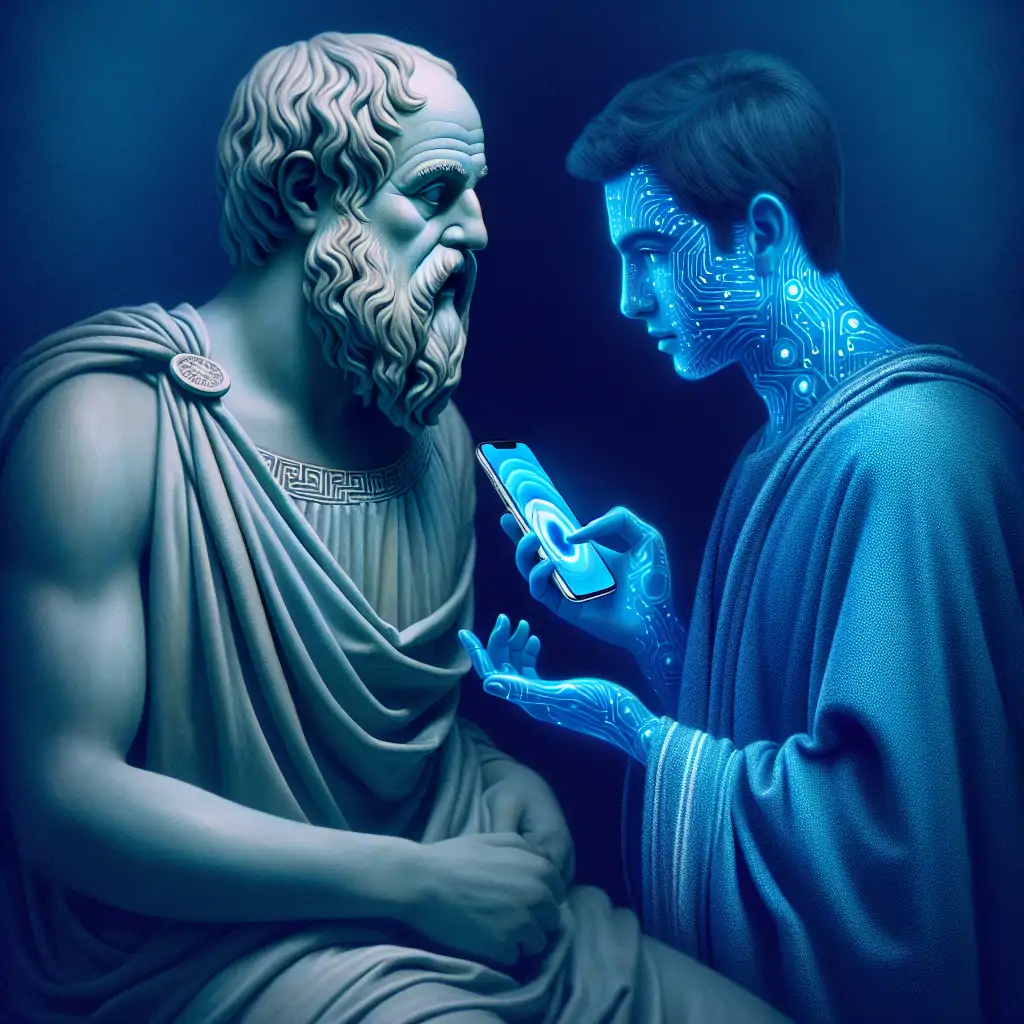 An image of Socrates in deep conversation with a young Athenian, juxtaposed with someone using Siri on their smartphone.