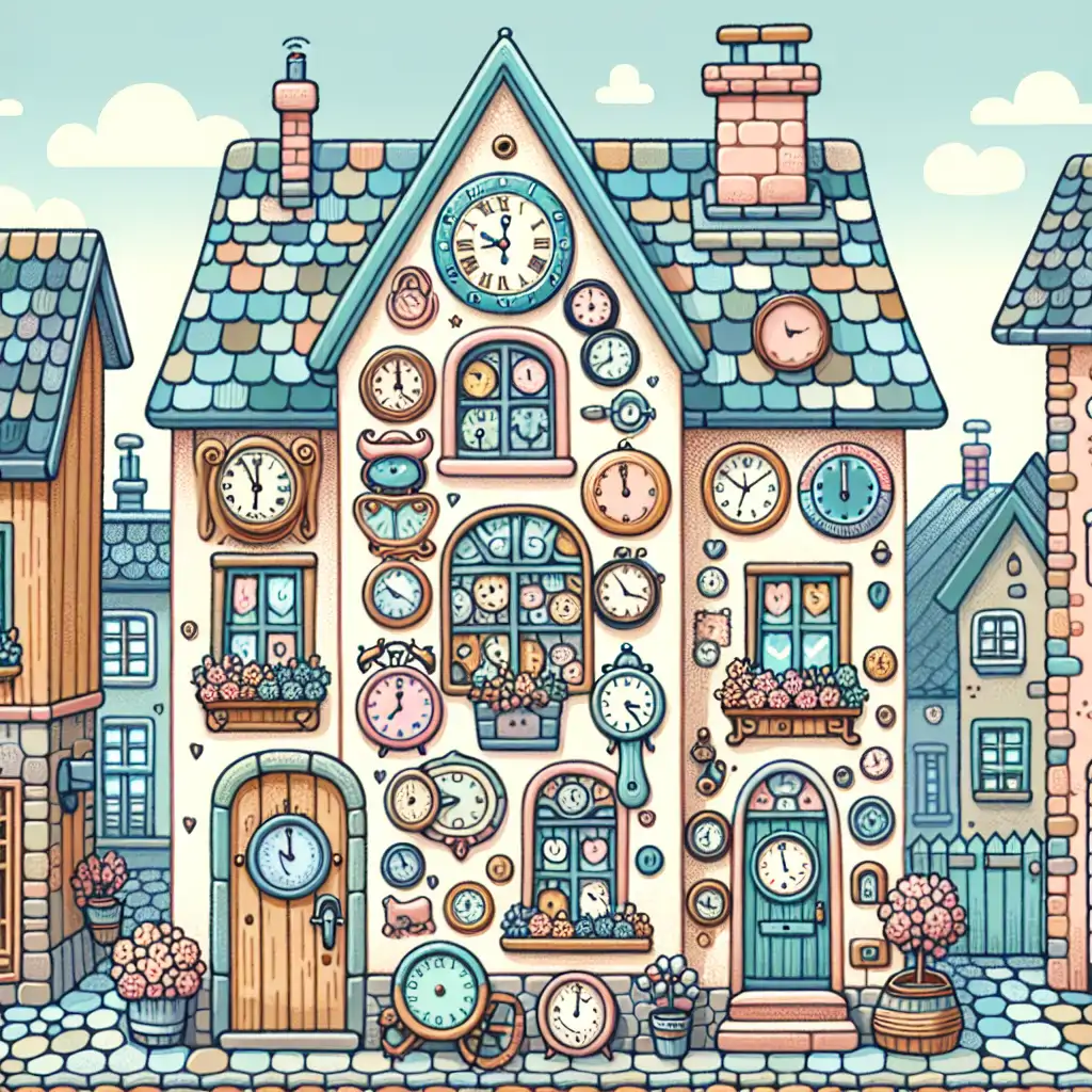 A whimsical illustration of a house brimming with various clocks set in a quaint town