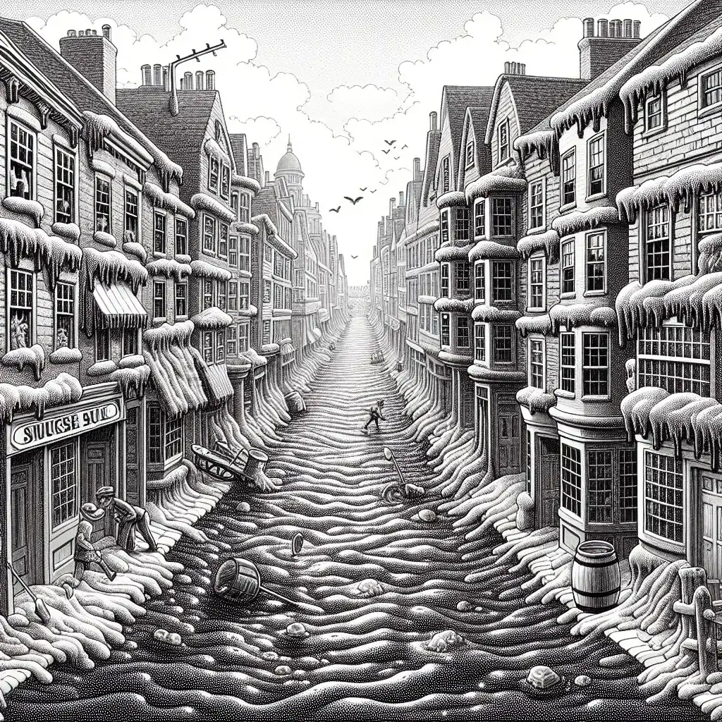 An old black-and-white photo of Boston streets flooded with thick molasses in 1919.