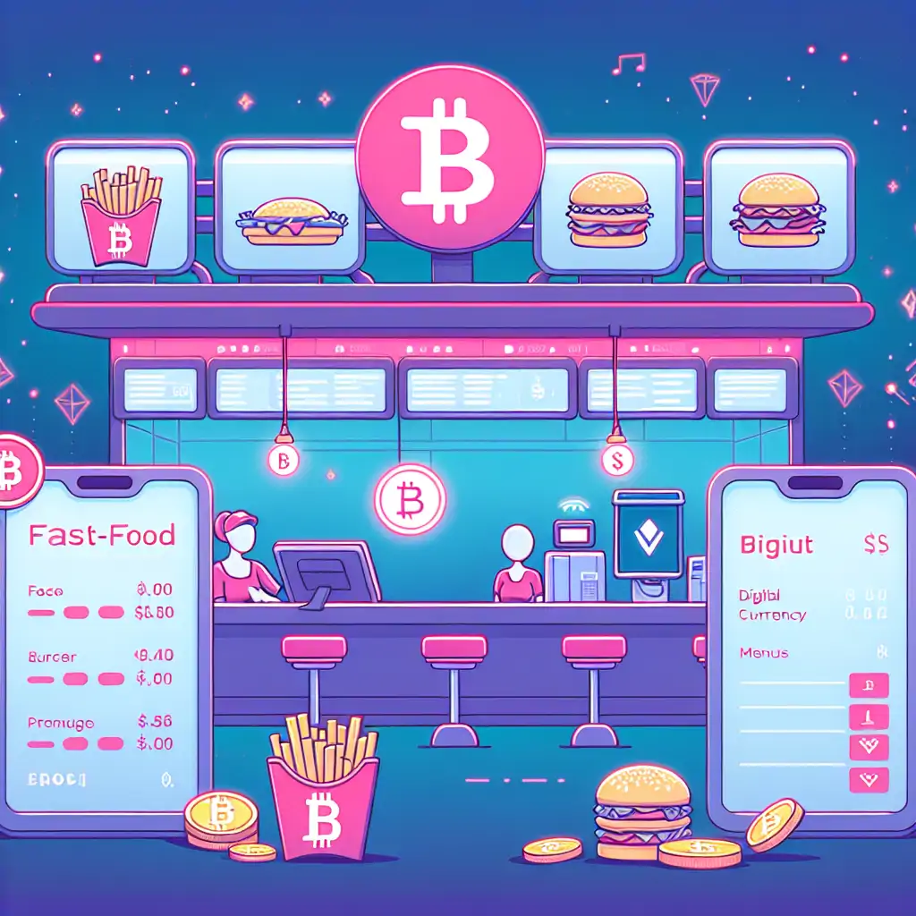 A visual of a fast-food restaurant in a futuristic setting, complete with digital currency menus.