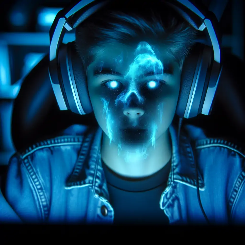 An image of a gamer wearing headphones, facing a screen with ghostly reflections visible on the screen's surface.