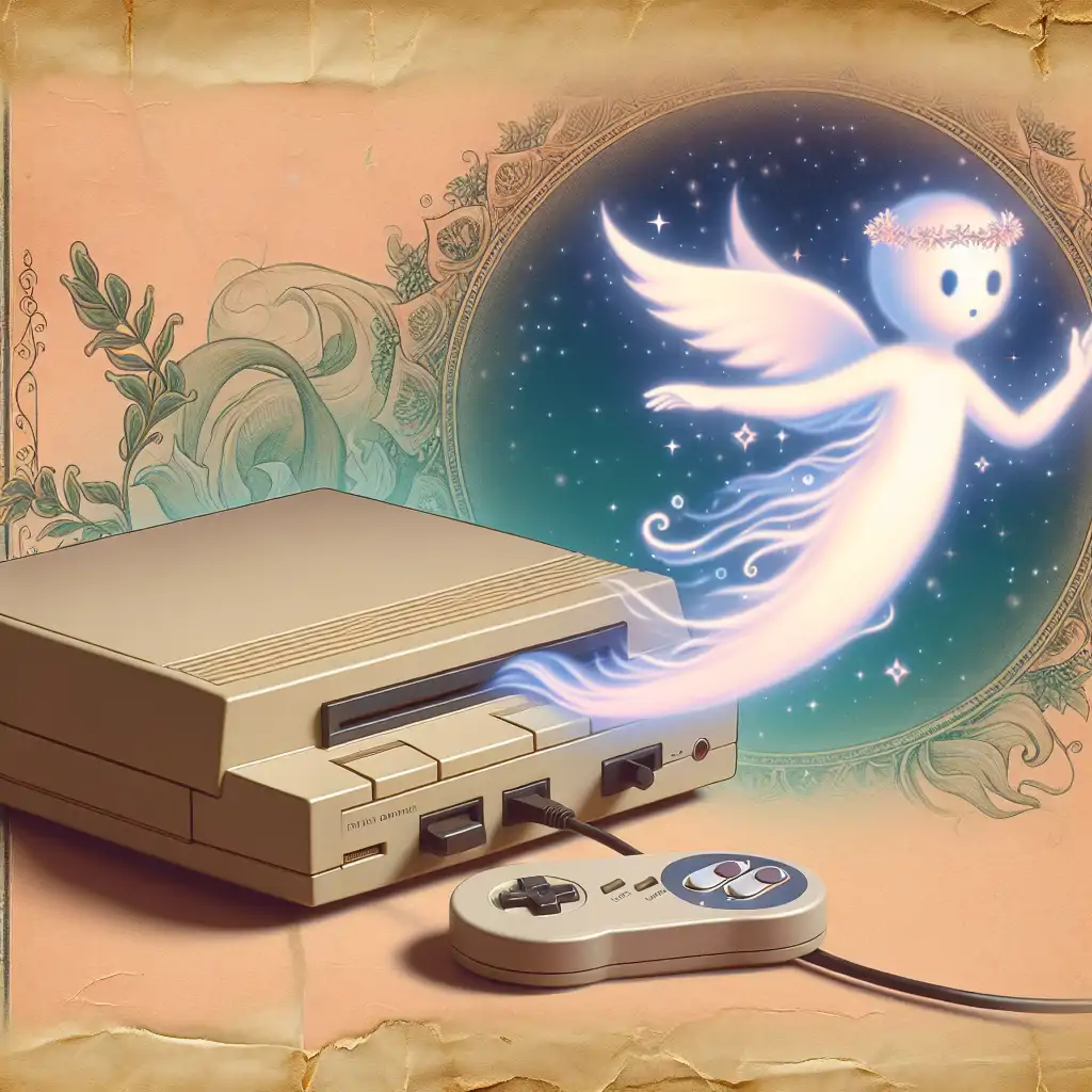 An old gaming console shutting down with a ghostly figure fading away in the background.