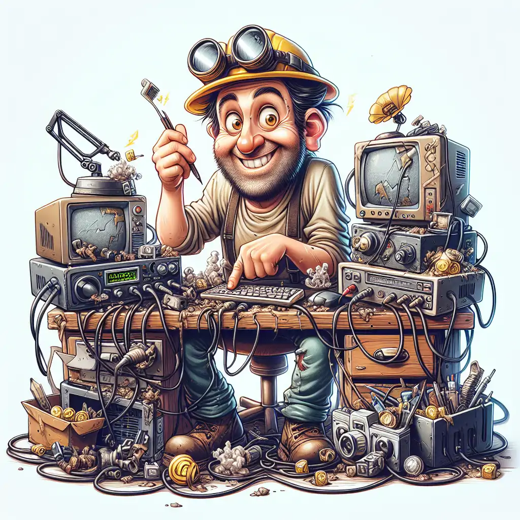 A caricature of a miner sitting at a cluttered desk with outdated gadgets and tangled wires, encapsulating the chaotic yet hilarious nature of their mining experiences.