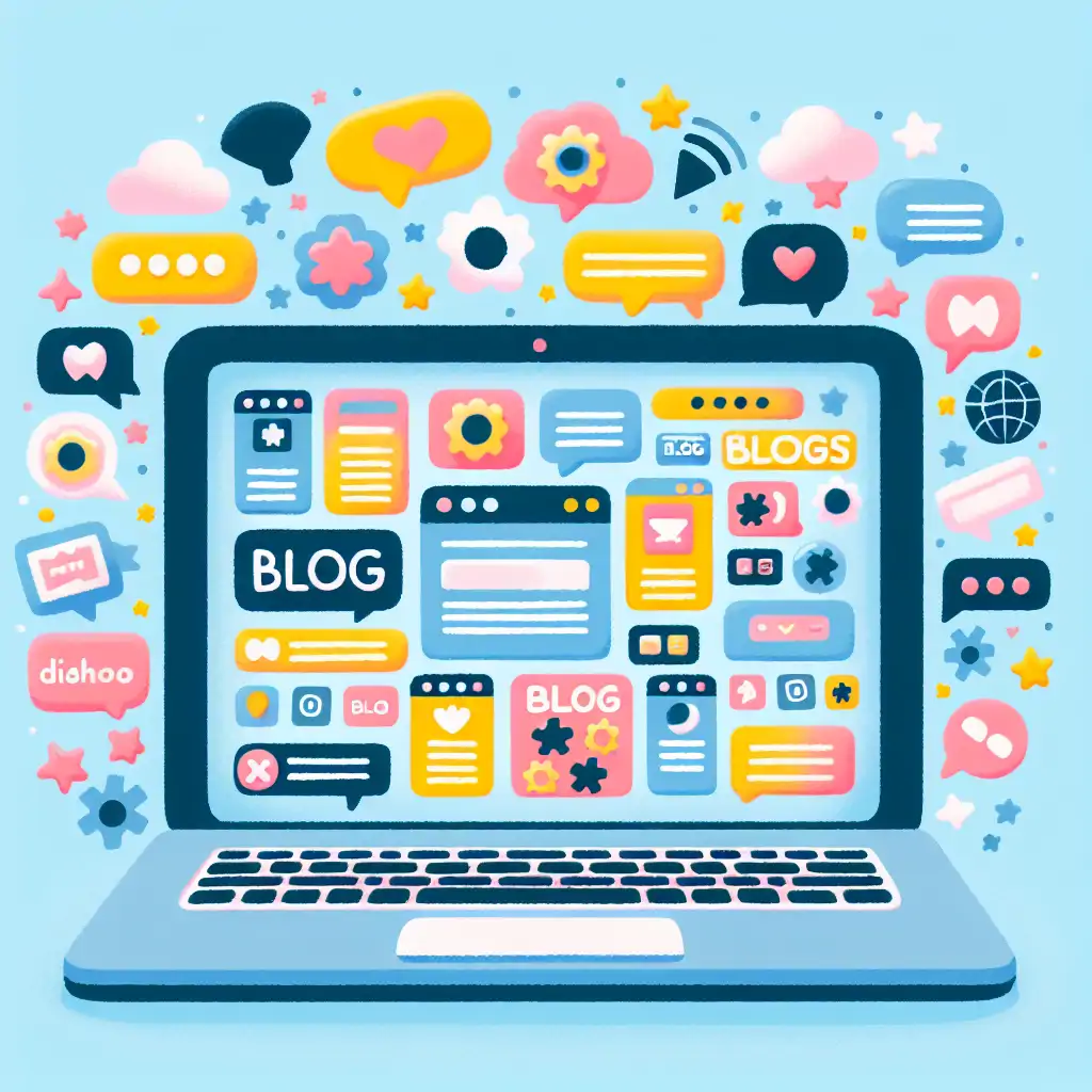 A laptop screen displaying a colorful array of blog thumbnails and directory lists, symbolizing connectivity and reach.