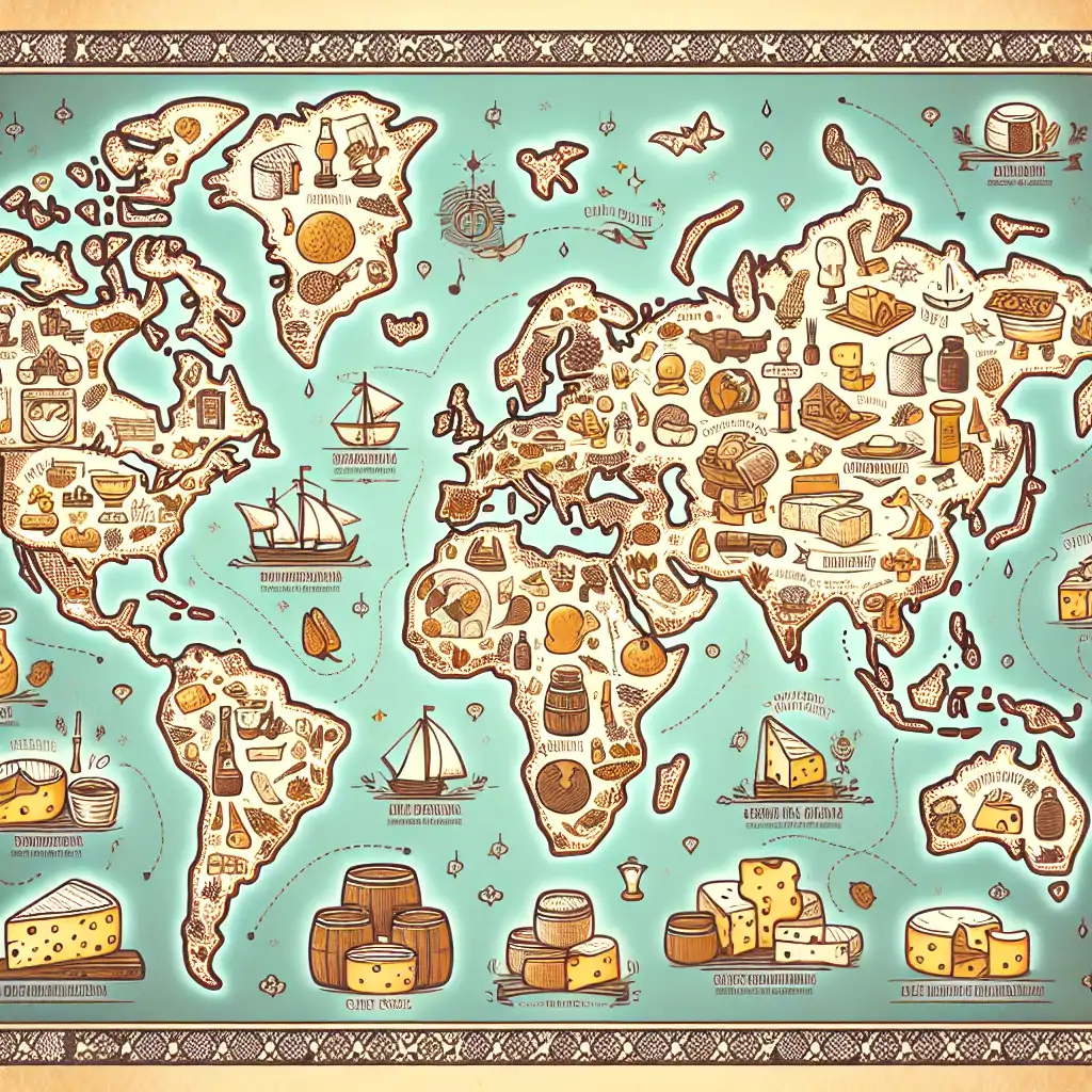 A world map with illustrations of cheese traditions, symbolizing the global reach and cultural significance of cheese.