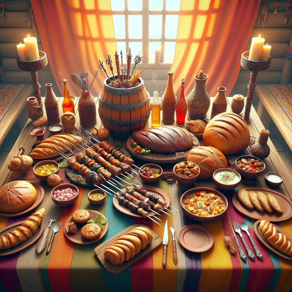 A vibrant and inviting table set for a feast, with grilled skewers and an assortment of Viking-style dishes and drinks.