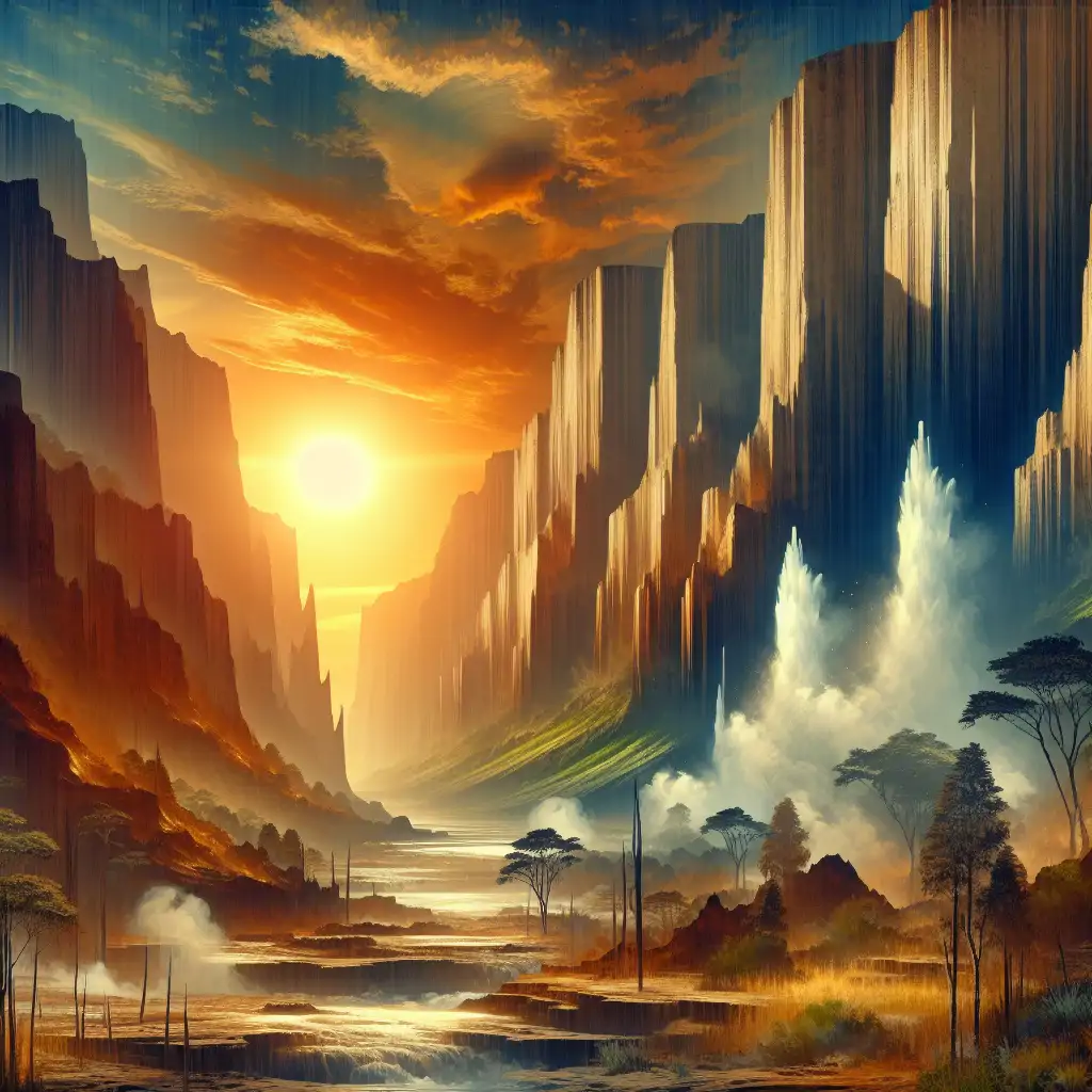 A dynamic capture of Hell’s Gate National Park with its dramatic cliffs, geysers shooting steam into the air, and a wide array of flora and fauna. The setting sun casts a glow, making the landscape look otherworldly.