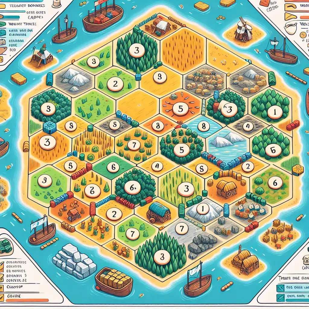 An illustrated guide showing various strategies on a Catan game board, including roads, settlements, and resource trades.