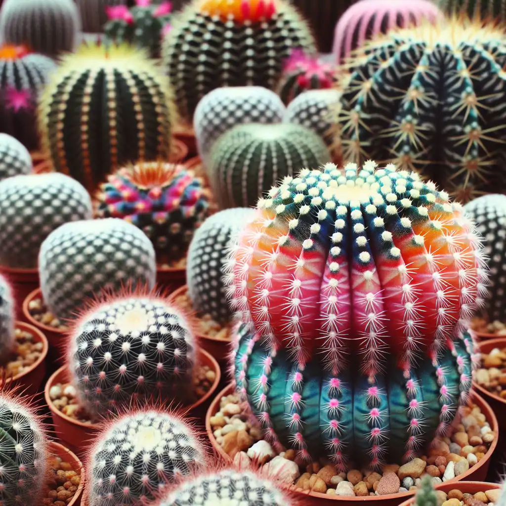 A dynamic collection of unusual cacti arranged to form a striking and colorful display, emphasizing unique textures and shapes.