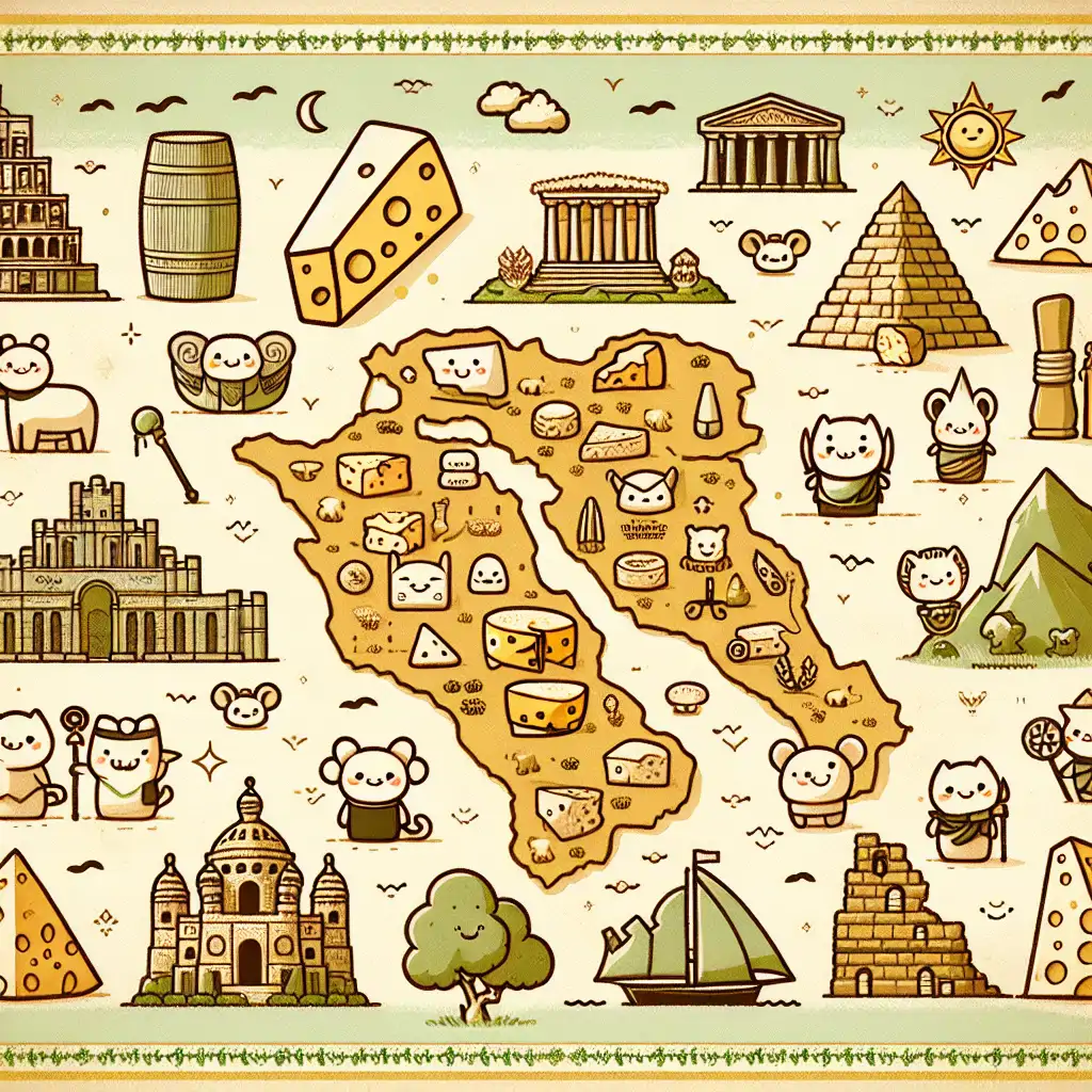A vintage map with iconic landmarks representing ancient civilizations known for their cheese-making.