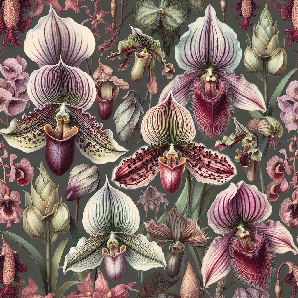 A collage of alien-like orchids, including Dracula simia and Tacca chantrieri, displaying their unique appearances.