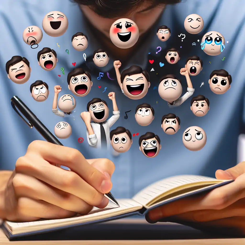 A person writing on a notepad with various emotional expressions floating around, symbolizing inspiration for creating emotional taglines.