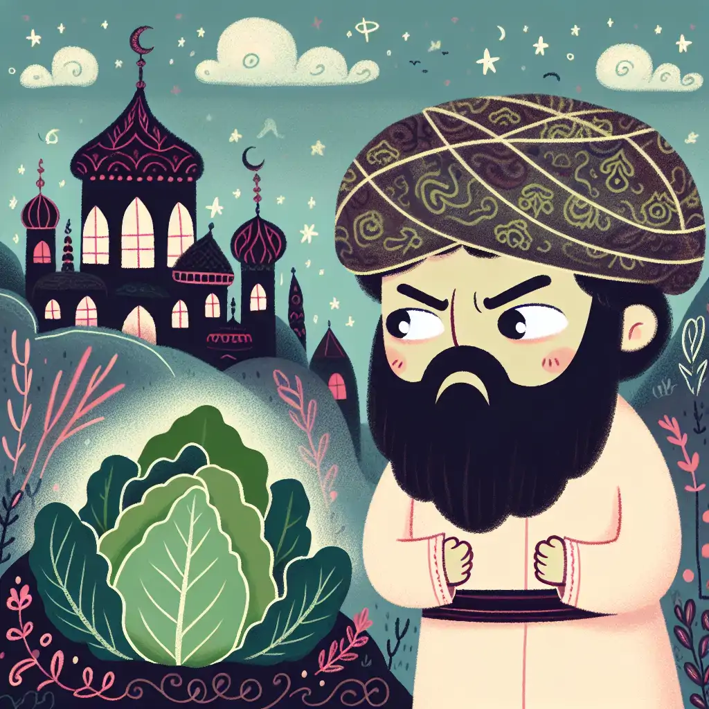 A whimsical illustration of Rasputin sternly eyeing a cabbage, with a mystical backdrop.