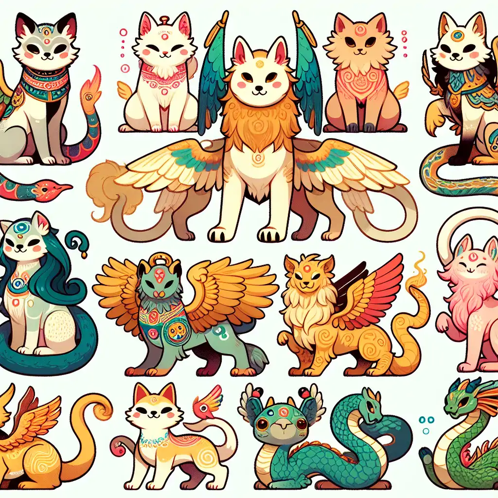 An array of illustrations depicting various chimeric creatures from diverse cultures, highlighting their unique features and mythical significance.