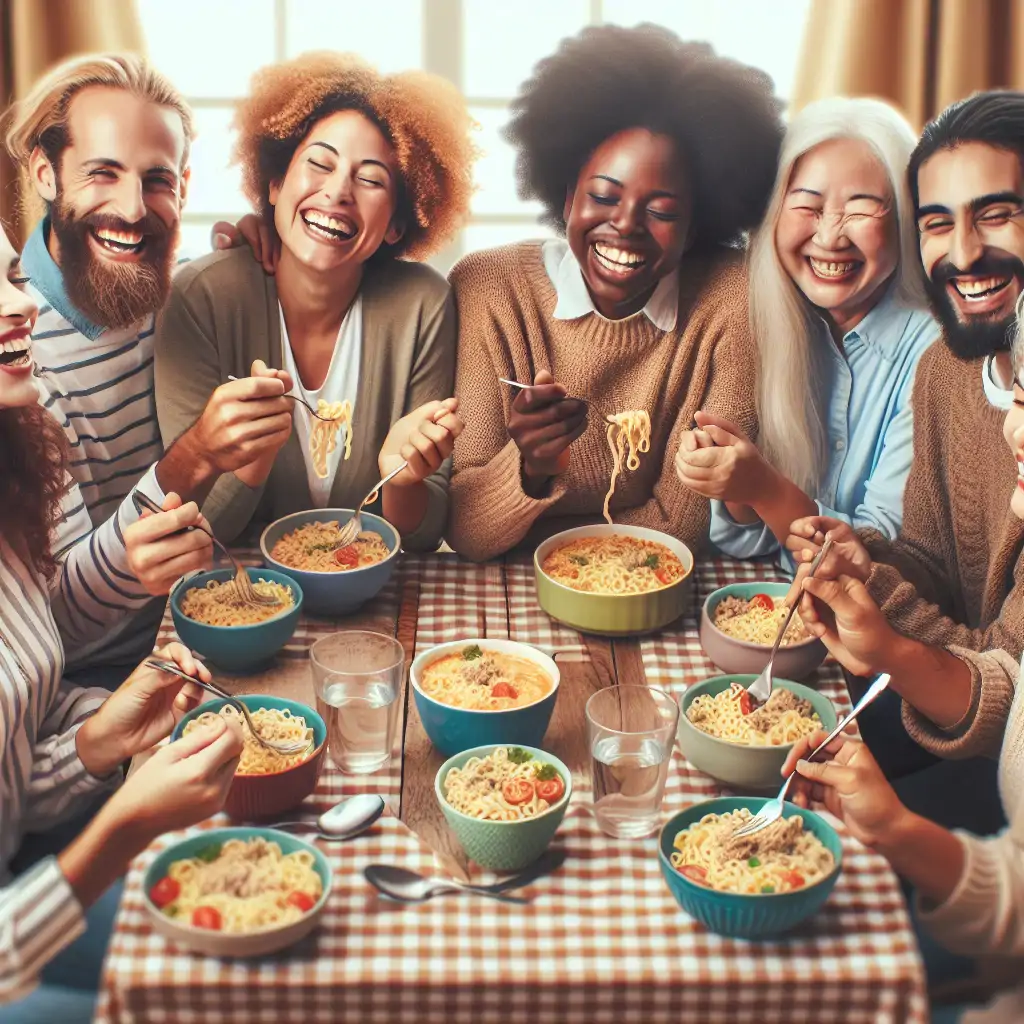 A group of people enjoying dishes of the updated tuna noodle casserole, sharing smiles and warm gestures.