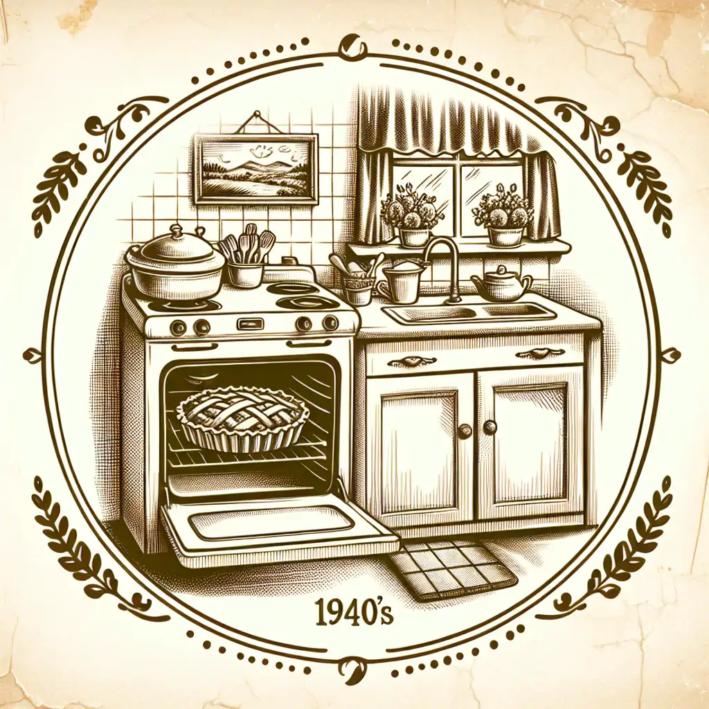A vintage photo of a 1940s kitchen with a tart being baked.