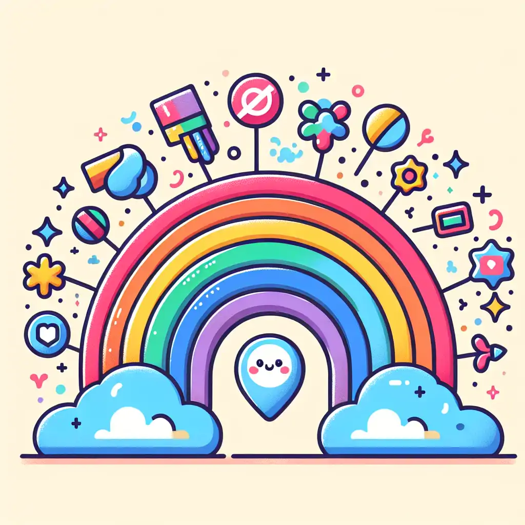 A rainbow with elements of different brand logos at each end, symbolizing the blend of color and branding success.
