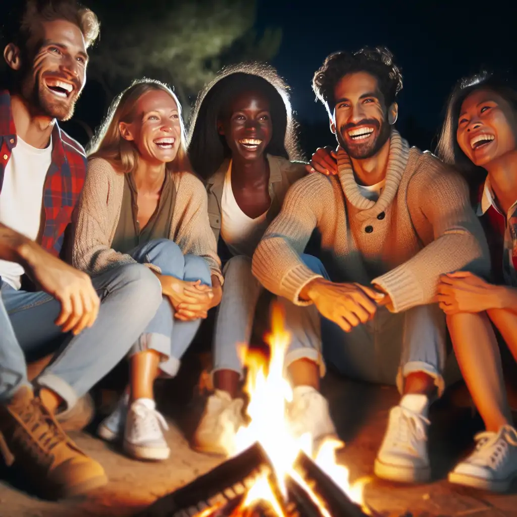 A group of friends sitting around a campfire at night, laughing and enjoying the warmth and light.