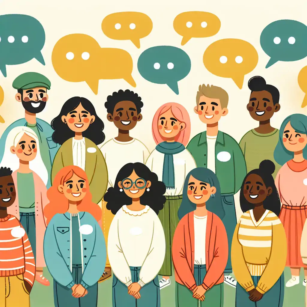 An illustration of people communicating positively, with speech bubbles conveying supportive and kind messages.