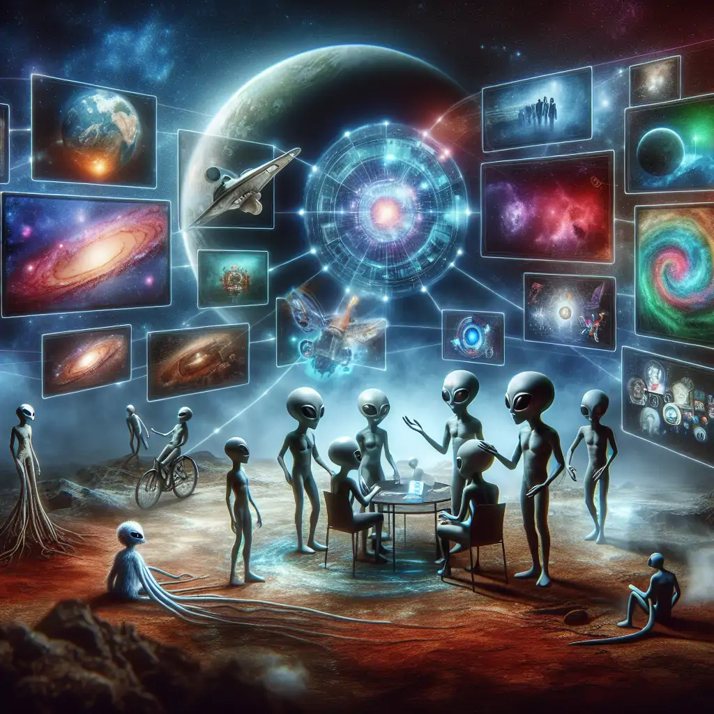 An artistic rendering of aliens gossiping over human trends, surrounded by screens displaying Earthly pop culture.