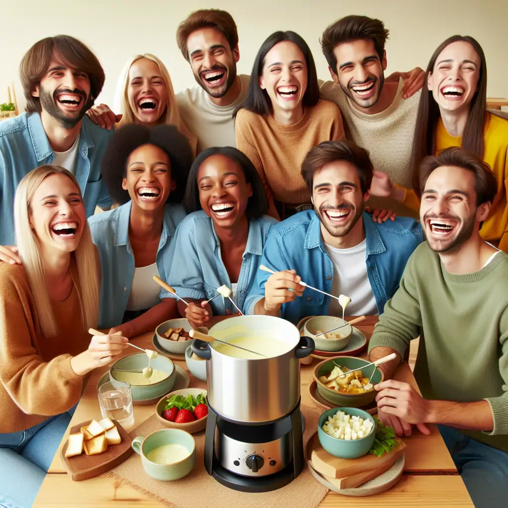 A joyful group of friends laughing around a fondue pot, celebrating the modern and nostalgic fusion of the dish.