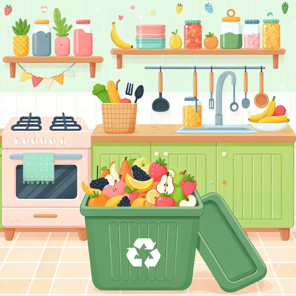 A cheerful kitchen with a compost bin filled with colorful fruit and vegetable peels.