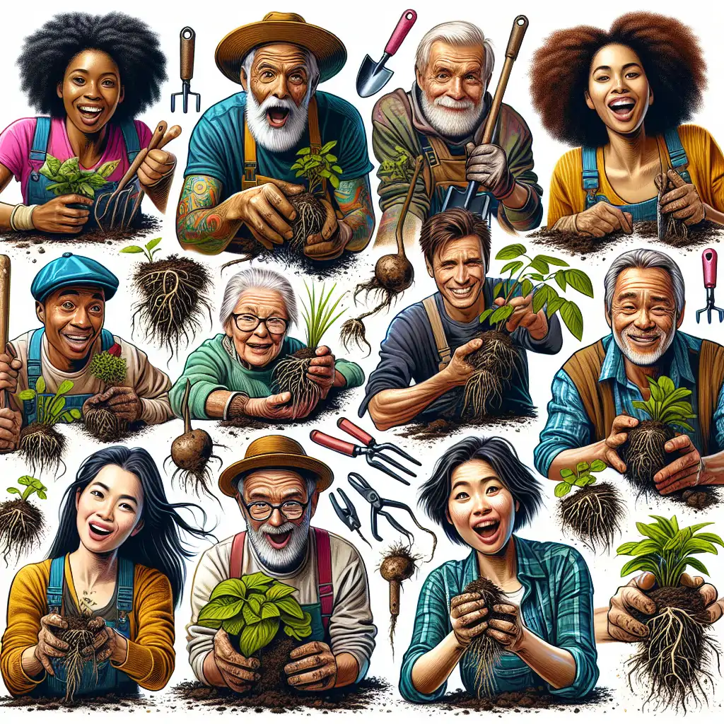 A montage of gardeners enthusiastically digging and examining roots with expressions of surprise and delight.